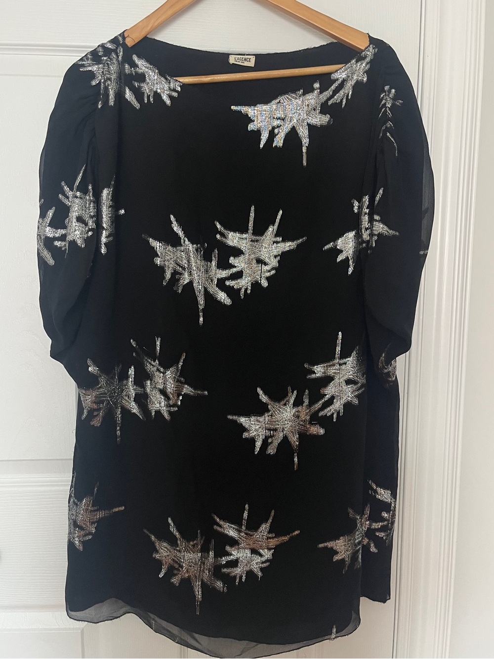 L'AGENCE Chiffon Silk Black Oversized Mini Dress Metallic Starburst Detail